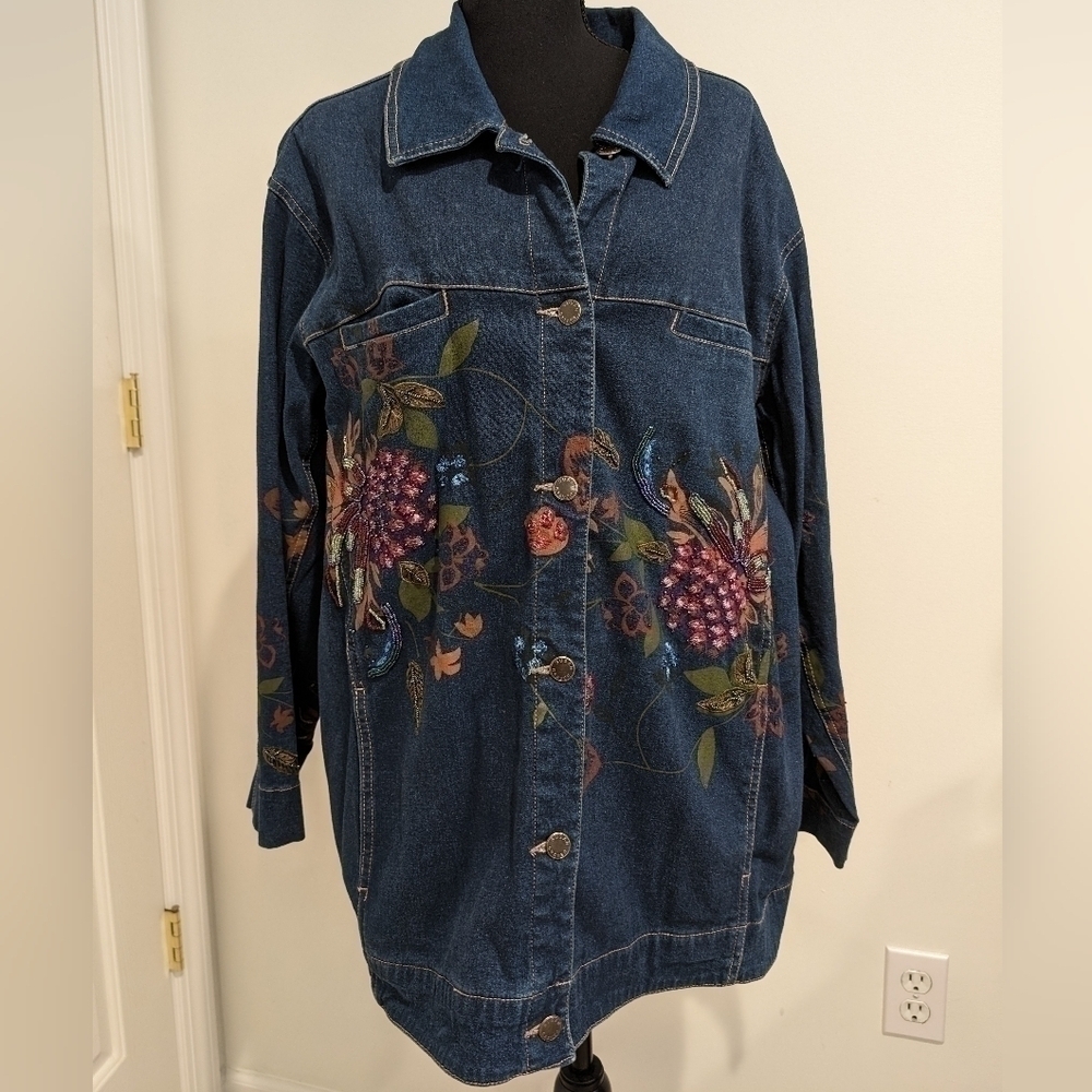 Susan Graver Bohemian Beaded  Embroidered Painted Denim Chore Jacket Floral  1X - Picture 2 of 16